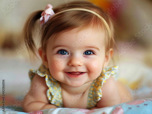 A Happy Little Cute Baby Girl Smile Sweetly On Bed