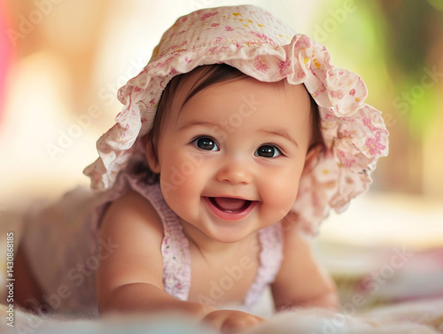 A Happy Little Cute Baby Girl Smile Sweetly On Bed