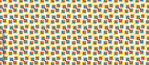 Repeating Geometric Square Pattern with Rotated Colorful Sub-Squares in Orange-Red, Teal-Green, Black, and Yellow on Cream Background, Symmetrical Grid Design