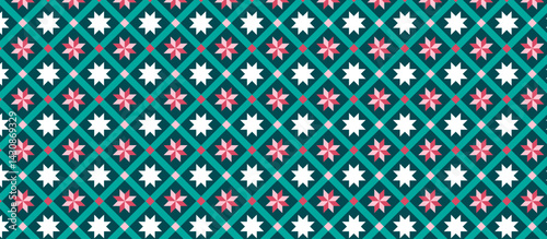 Teal & Coral Star Diamond Pattern – Repeating Geometric Grid with White Stars and Pink Motifs for Textile & Wallpaper Design