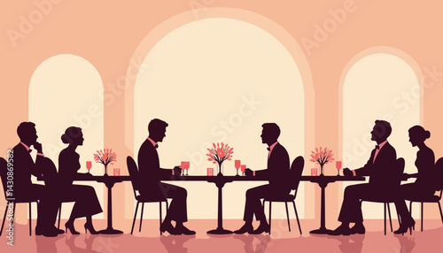 Elegant wedding reception guests enjoying dinner at stylish venue, celebration