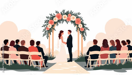 Couple exchanging vows under floral arch at wedding ceremony, love