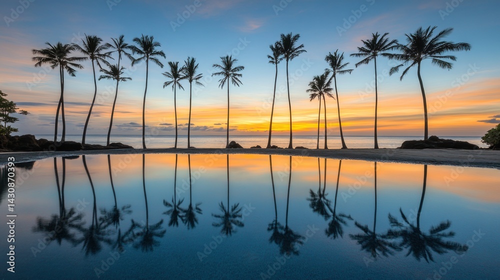 Fototapeta premium Tropical sunset reflections on a tranquil pool.