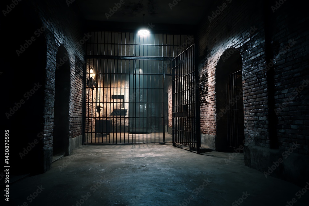 Obraz premium A dark prison cell with brick walls and barred gates, appearing empty and cold, evoking a sense of isolation.