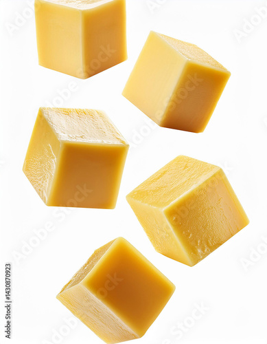 Yellow cheese cubes floating on white. Pieces of fresh cheese in a cube form. Dairy food elements. Yummy yellow food ingredient isolated.