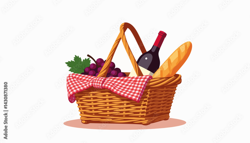 Wicker picnic basket filled with baguette and wine, outdoor dining Wicker picnic basket filled with baguette and wine, outdoor dining