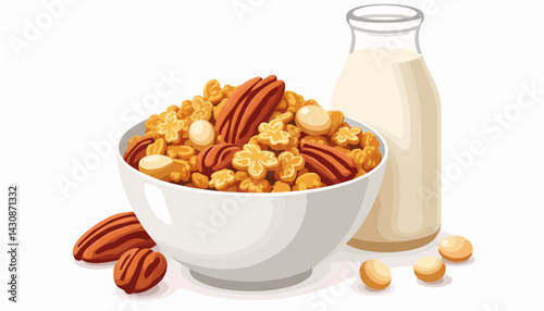 Cereal bowl with granola and nuts on white background, healthy breakfast