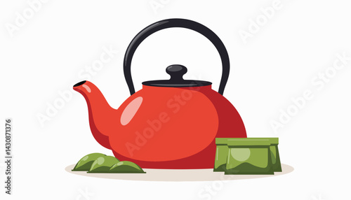 Bright red tea kettle with tea bags on white surface, cozy beverage concept