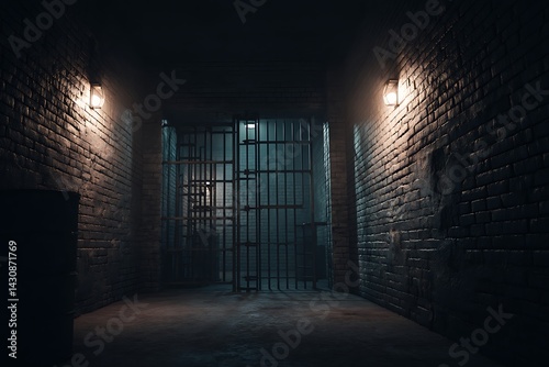 A dark prison cell with brick walls and barred gates, appearing empty and cold, evoking a sense of isolation.