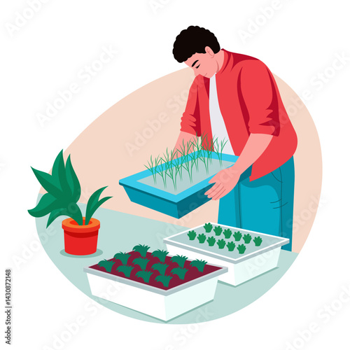 A character growing microgreens, flat style illustration