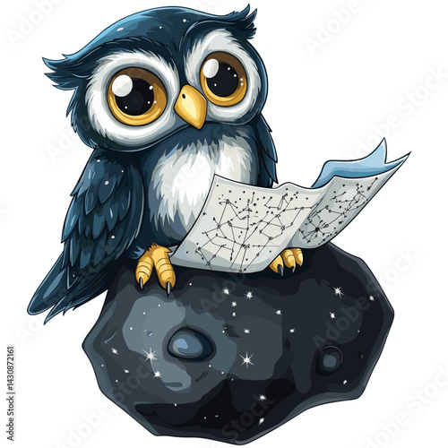 Cartoon vector illustration of an owl navigator reading a star map while seated on a floating asteroid on white background