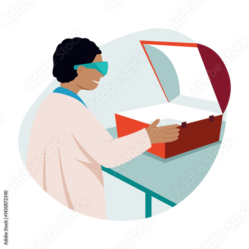 A character using a solar oven, flat style illustration