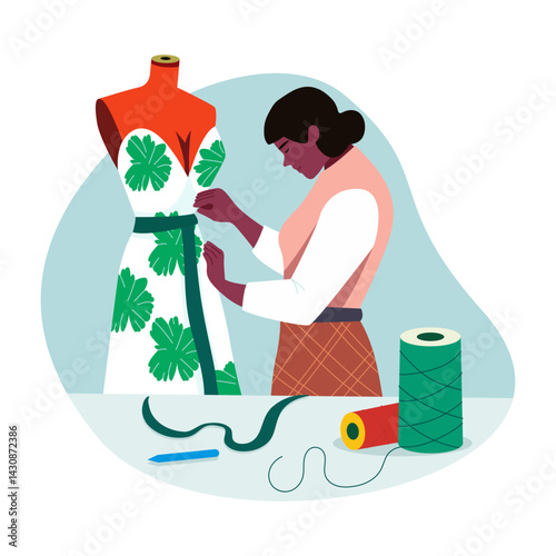 Flat illustration showing a woman promoting sustainable fashion