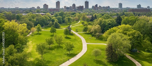 Aerial view of a lush green park with winding paths and distant city skyline offering a serene urban retreat