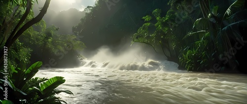 Overwhelming floodwaters rushing through a lush jungle river basin surrounded by tropical greenery