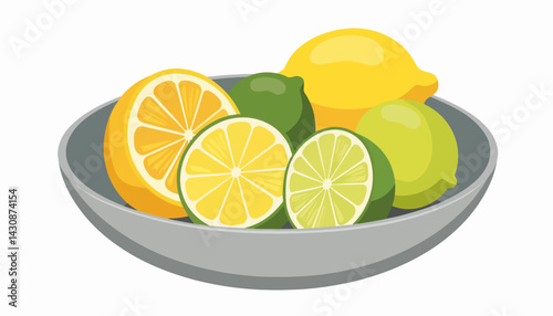 Decorative bowl with sliced lemons and limes on white background, fresh concept