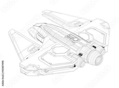 A black and white drawing of a spaceship. The drawing is of a wireframe futuristic spaceship