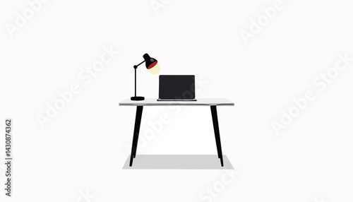 Minimalist desk setup with laptop and lamp, modern workspace concept