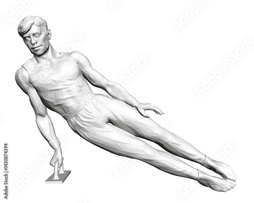 A man is posing in a white outfit, with his arms outstretched and legs spread apart. The image has a sense of grace and elegance, as if the man is performing a dance or gymnastics routine
