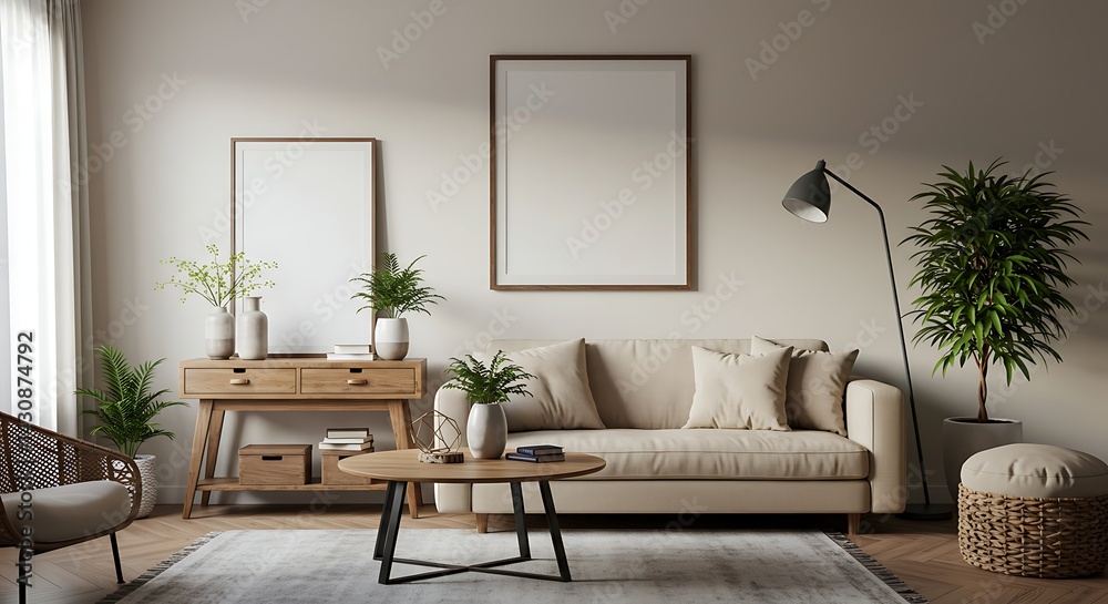 Fototapeta premium Modern Minimalist Living Room Design Neutral Tones, Natural Light, and Simple Elegance