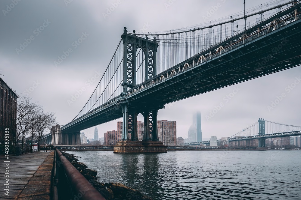 Fototapeta premium Foggy urban landscape featuring the Manhattan Bridge with skyscrapers in the background