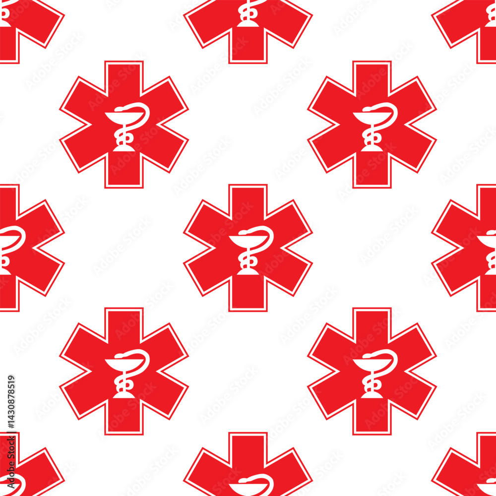 Obraz premium Seamless vector pattern with red medical symbols featuring the Rod of Asclepius. Clean, minimal design suitable for healthcare, pharmaceutical, and emergency-related projects.