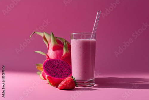 Pink smoothie with dragonfruit on a pink background.