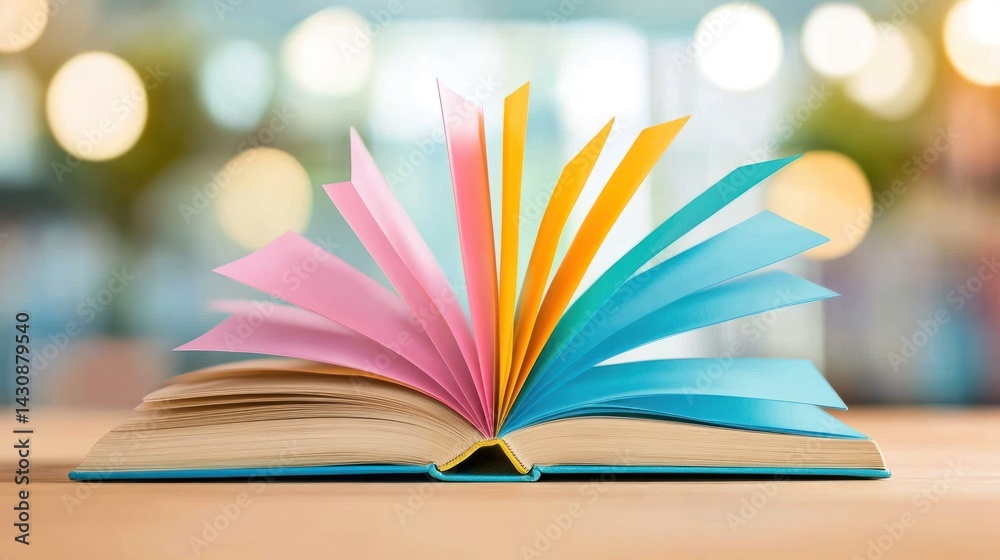 Fototapeta premium Colorful Pages of an Open Book Resting on a Table