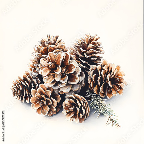 A cluster of pine cones dusted with snow, paired with a sprig of evergreen. This winter-themed composition evokes holiday warmth, seasonal decor, and natural woodland charm