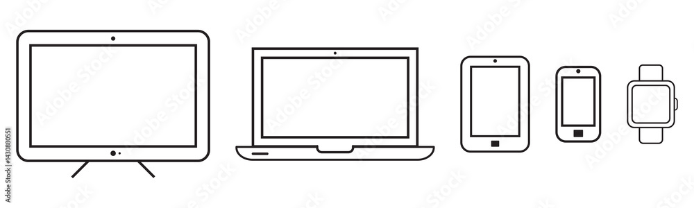 Device Icons: smartwatch, smartphone, tablet, laptop, desktop computer and tv. Vector illustration, flat design Device Icons: smartwatch, smartphone, tablet, laptop, desktop computer and tv. Vector illustration, flat design