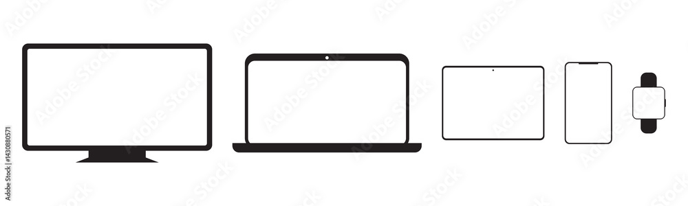 Device Icons: smartwatch, smartphone, tablet, laptop, desktop computer and tv. Vector illustration, flat design Device Icons: smartwatch, smartphone, tablet, laptop, desktop computer and tv. Vector illustration, flat design