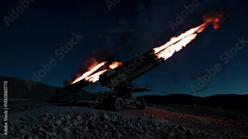Military rocket launch under night sky with flaming trails, showcasing power, technology, warfare intensity, and dramatic defense concept