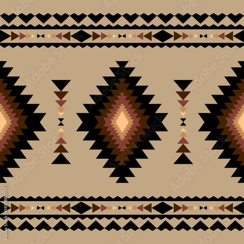 Geometric shapes create a geometric ethnic inspired pattern with brown and tan color palette for textile or decorative background usage.
