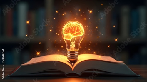 Brain lightbulb on book. Idea, knowledge, learning concept. Best for education, innovation, creativity themes.