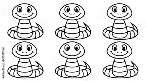 Cartoon Snake Vector Set – Black and White Line Illustrations