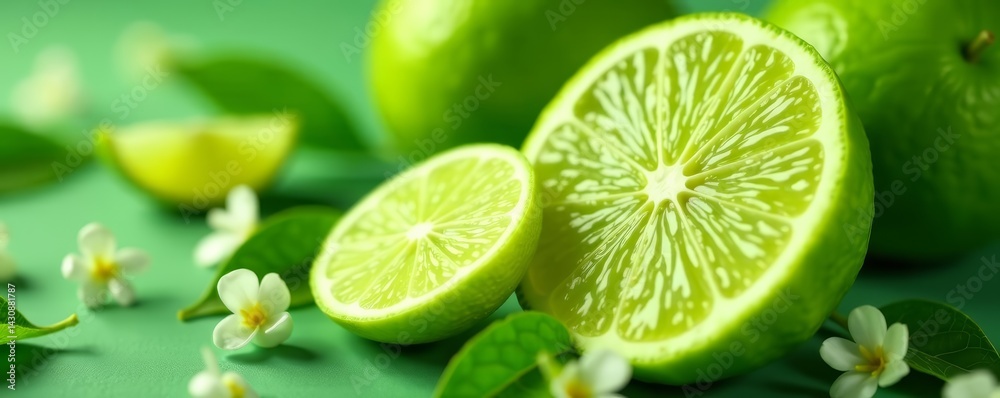 Close-up of fresh lime slices surrounded by green leaves and flowers, beauty, organic Close-up of fresh lime slices surrounded by green leaves and flowers, beauty, organic