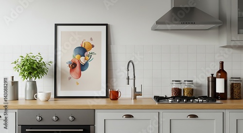 Abstract Modern Kitchen Wall Art Print Colorful Shapes and Floral Elements for Home Decor