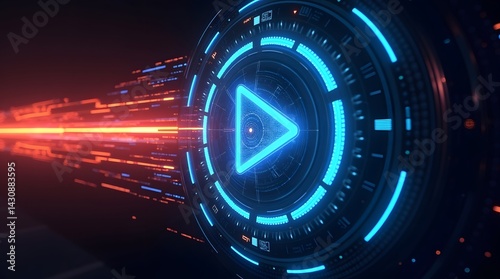 Futuristic play button with glowing trails. Modern tech interface concept. Best for technology, innovation, and digital media visuals.