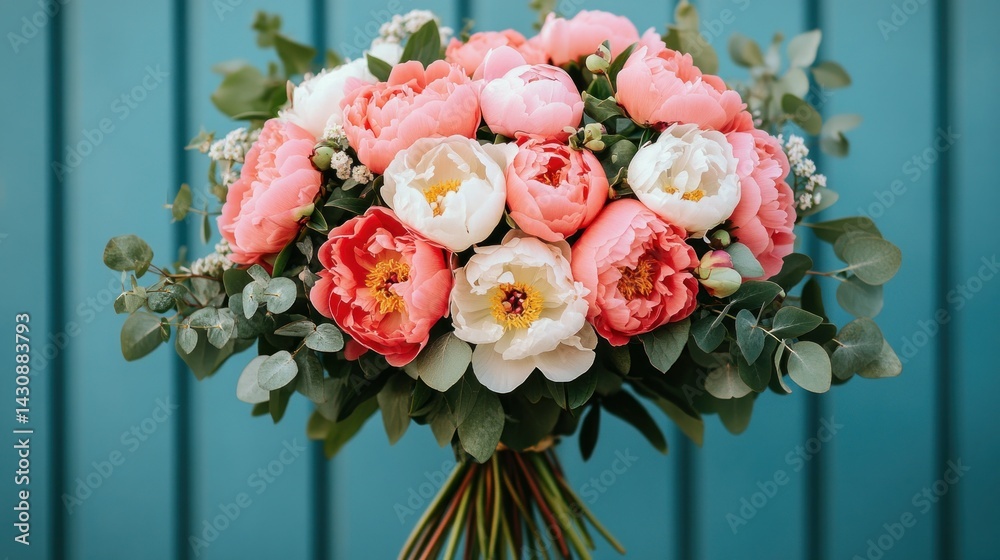 Obraz premium Beautiful bouquet of pink and white peonies. Lush floral arrangement with green foliage. A gift of love and appreciation