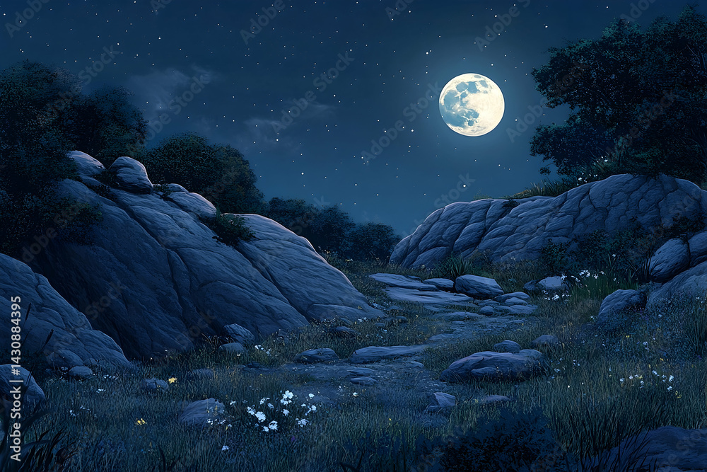 Fototapeta premium A serene, moonlit mountain landscape at night.