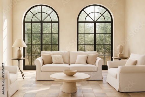 Mediterranean sunroom with sculptural decor and light-filled arched windows photo