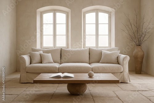 Front-facing Mediterranean sofa with centered sculptural table and arched windows photo