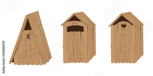 Outdoor restroom. Vector illustration with a set of village wooden toilets of various shapes.