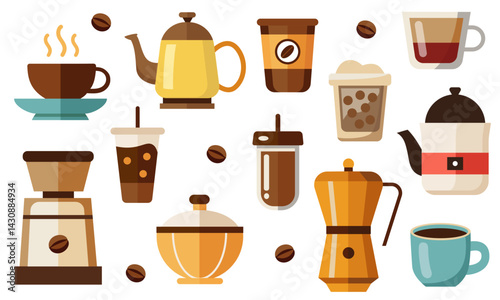 A set of coffee. Coffee in a cup, hot coffee, coffee with bubble. Isolated elements on a white background.