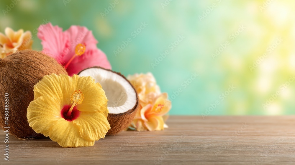 Hello summer promotion colorful background. A vibrant arrangement of hibiscus flowers and a coconut on a wooden surface, evoking a tropical and refreshing ambiance. Hello summer promotion colorful background. A vibrant arrangement of hibiscus flowers and a coconut on a wooden surface, evoking a tropical and refreshing ambiance.