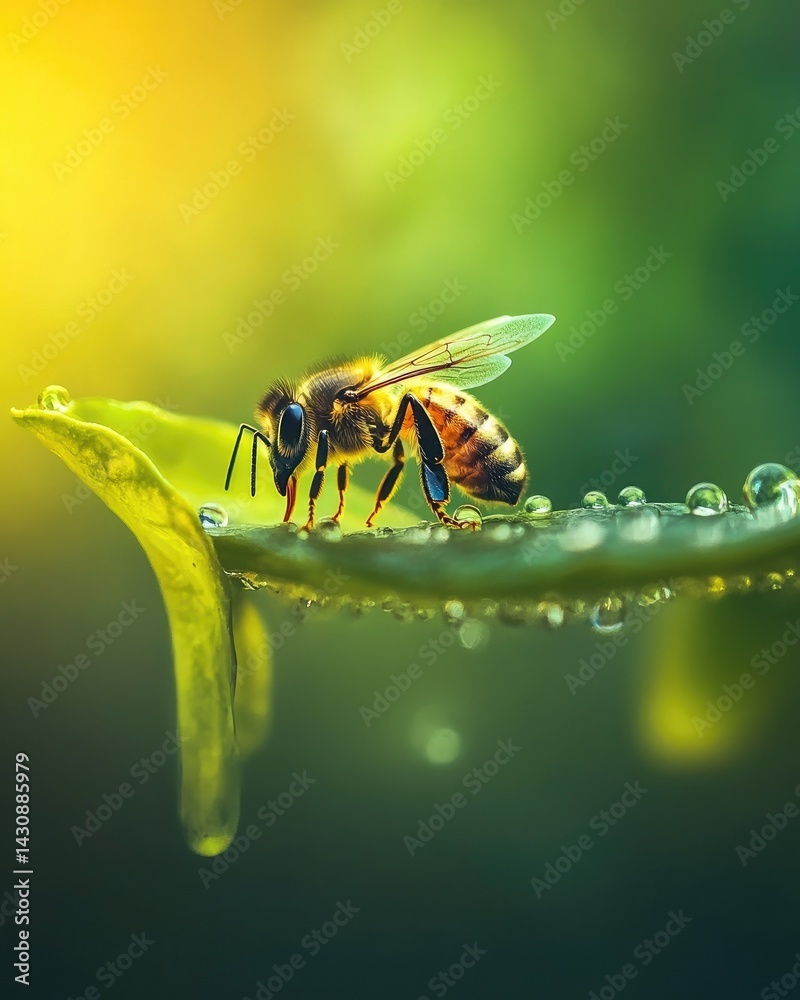 Naklejka premium Honeybee on dewy leaf
