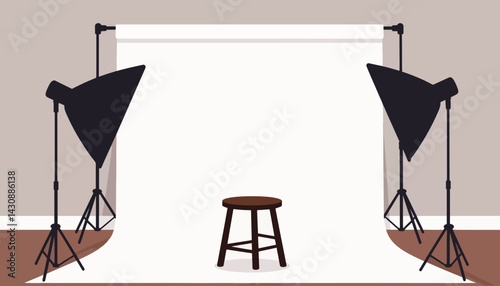 Studio setup with stool and softboxes for headshot photography, preparation