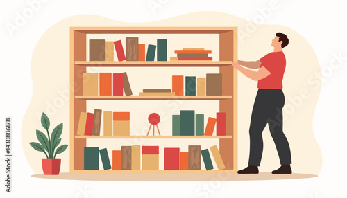 Man installing wooden bookshelf with abstract design, home improvement