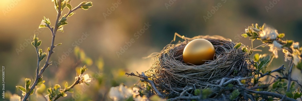 Nest Showcasing Golden Egg in a Natural Setting Symbolizes the Blend of Nature and Wealth in a Tranquil Environment Generative AI