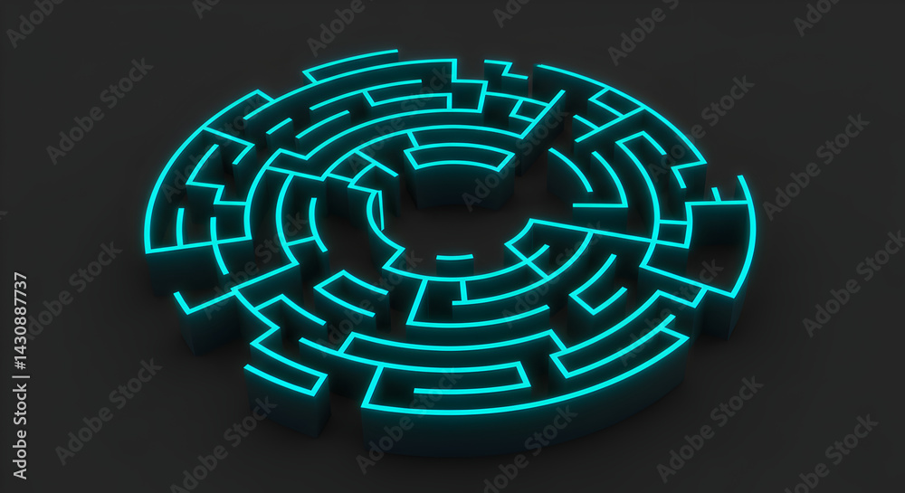 Glowing Circular Labyrinth Shining on Dark Background Conceptual Puzzle Glowing Circular Labyrinth Shining on Dark Background Conceptual Puzzle